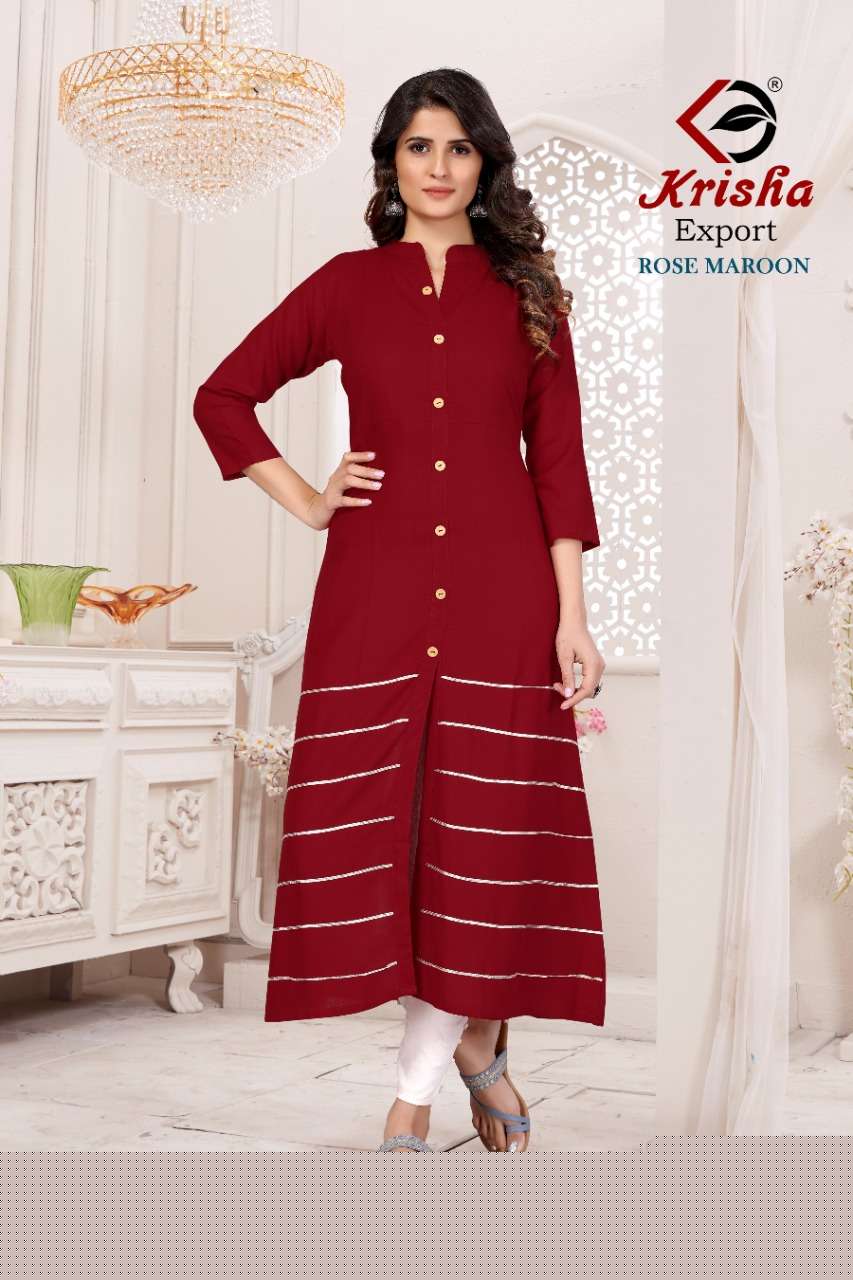 ROSE VOL-1 BY KRISHA EXPORTS 01 TO 05 SERIES DESIGNER STYLISH FANCY COLORFUL BEAUTIFUL PARTY WEAR & ETHNIC WEAR COLLECTION HEAVY RAYON WITH WORK KURTIS AT WHOLESALE PRICE