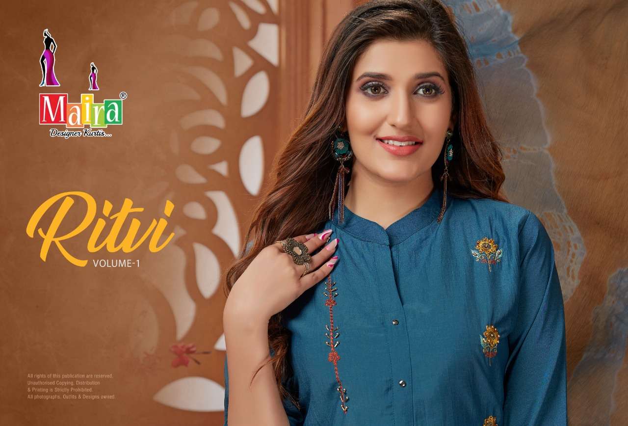 RITVI BY MAIRA 101 TO 108 SERIES BEAUTIFUL SUITS COLORFUL STYLISH FANCY CASUAL WEAR & ETHNIC WEAR HEAVY SILK DRESSES AT WHOLESALE PRICE
