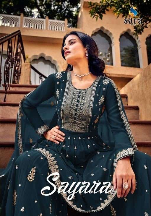 SAYARA BY SARA TRENDZ 3001 TO 3004 SERIES BEAUTIFUL STYLISH SHARARA SUITS FANCY COLORFUL CASUAL WEAR & ETHNIC WEAR & READY TO WEAR HEAVY GEORGETTE EMBROIDERED DRESSES AT WHOLESALE PRICE