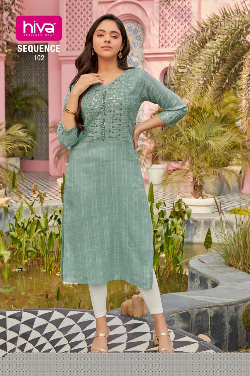 SEQUENCE BY HIVA 101 TO 105 SERIES DESIGNER STYLISH FANCY COLORFUL BEAUTIFUL PARTY WEAR & ETHNIC WEAR COLLECTION RAYON SEQUENCE KURTIS AT WHOLESALE PRICE