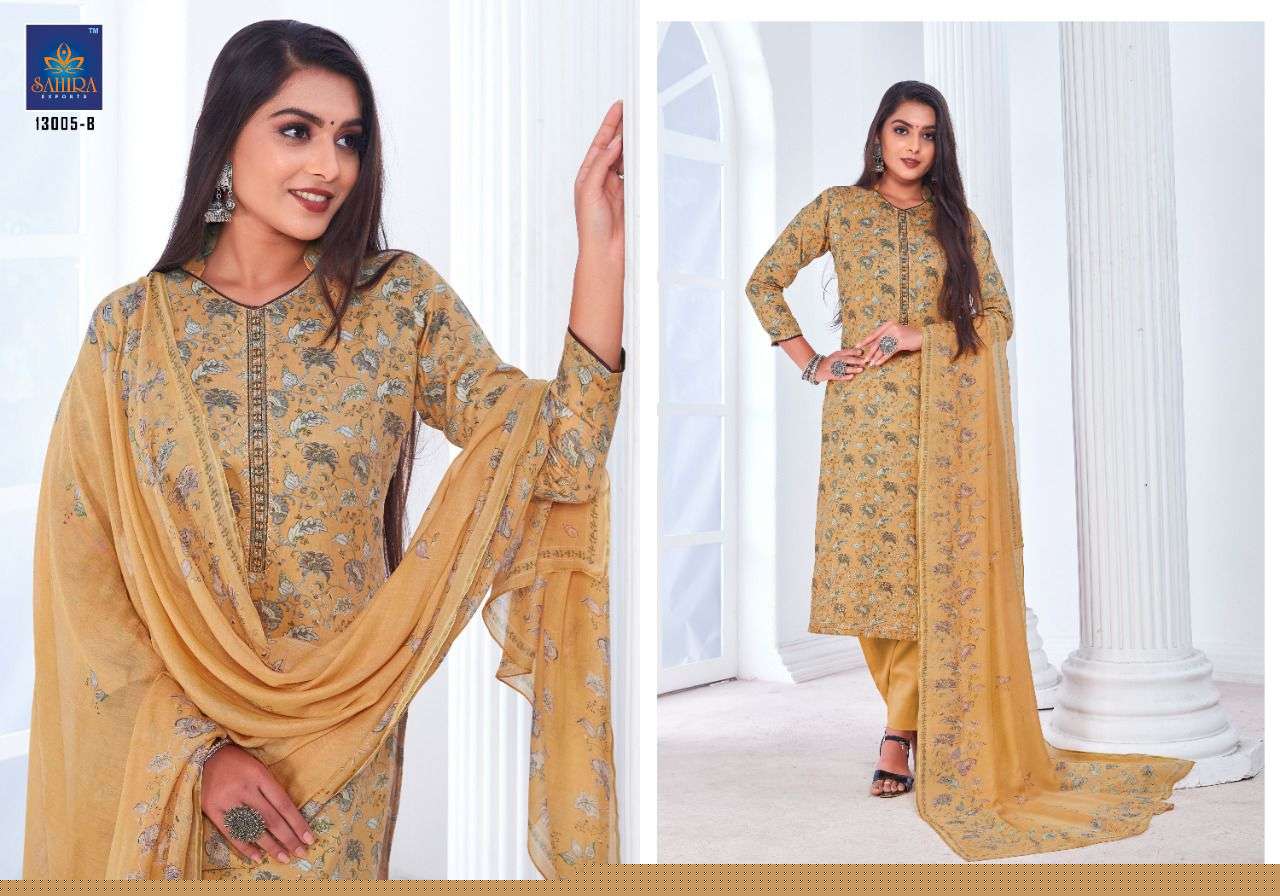 SAHIRA 13005 COLOURS BY SAHIRA EXPORTS 13005-A TO 13005-D SERIES BEAUTIFUL STYLISH SUITS FANCY COLORFUL CASUAL WEAR & ETHNIC WEAR & READY TO WEAR PURE JAM SILK COTTON PRINTED DRESSES AT WHOLESALE PRICE