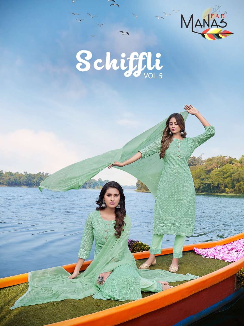 SCHIFFLI VOL-5 BY MANAS FAB 7025 TO 7030 SERIES BEAUTIFUL SUITS COLORFUL STYLISH FANCY CASUAL WEAR & ETHNIC WEAR GEORGETTE WITH SCHIFFLI WORK DRESSES AT WHOLESALE PRICE