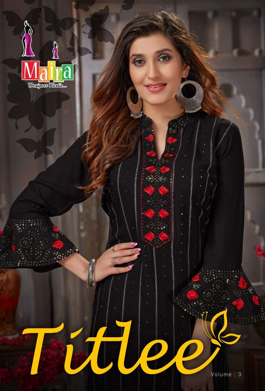 TITLEE VOL-3 BY MAIRA 3001 TO 3008 SERIES DESIGNER STYLISH FANCY COLORFUL BEAUTIFUL PARTY WEAR & ETHNIC WEAR COLLECTION HEAVY RAYON EMBROIDERY KURTIS AT WHOLESALE PRICE