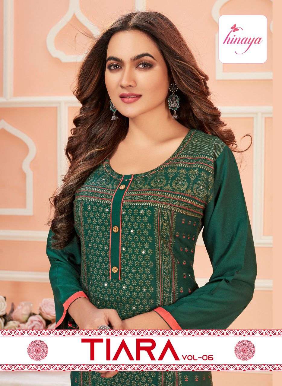 TIARA VOL-6 BY HINAYA 6001 TO 6008 SERIES DESIGNER STYLISH FANCY COLORFUL BEAUTIFUL PARTY WEAR & ETHNIC WEAR COLLECTION RAYON EMBROIDERY KURTIS AT WHOLESALE PRICE