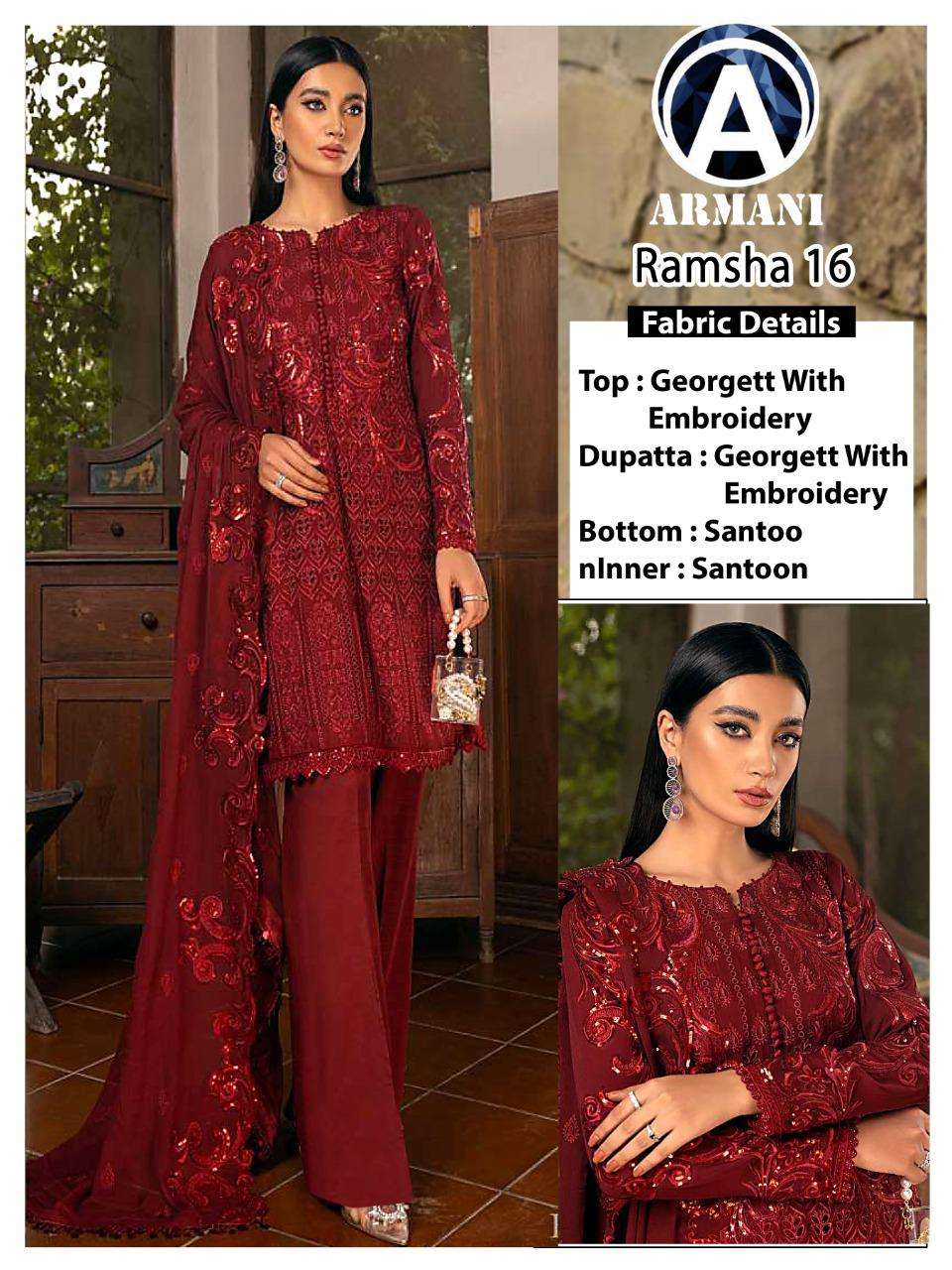 RAMSHA 16 BY ARMANI PAKISTANI SUITS BEAUTIFUL FANCY COLORFUL STYLISH PARTY WEAR & OCCASIONAL WEAR GEORGETTE EMBROIDERY DRESSES AT WHOLESALE PRICE
