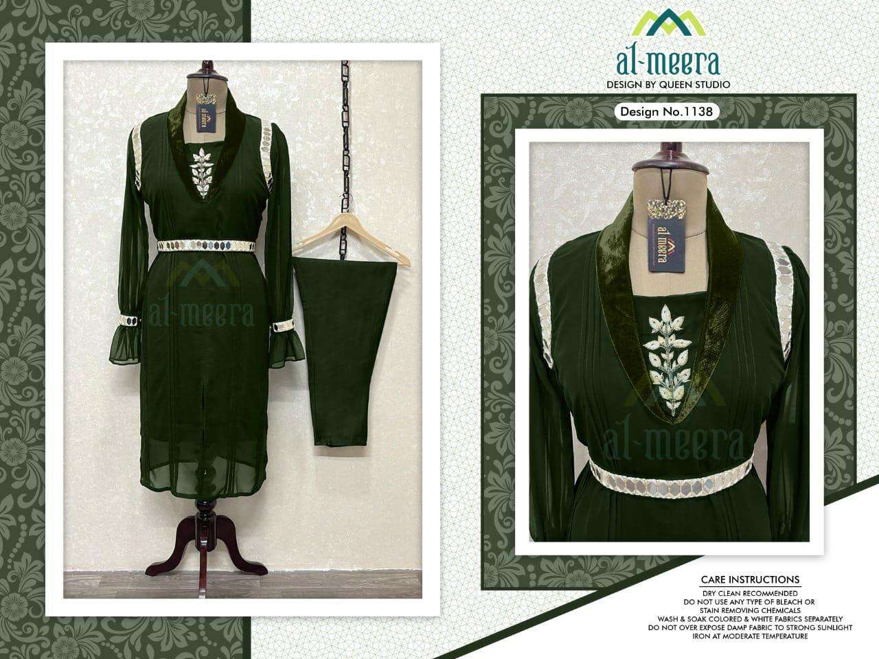 AL-MEERA HIT DESIGN 1138 COLOURS BY AL-MEERA 1138-A TO 1138-C SERIES STYLISH FANCY BEAUTIFUL COLORFUL CASUAL WEAR & ETHNIC WEAR FAUX GEORGETTE KURTIS WITH BOTTOM AT WHOLESALE PRICE