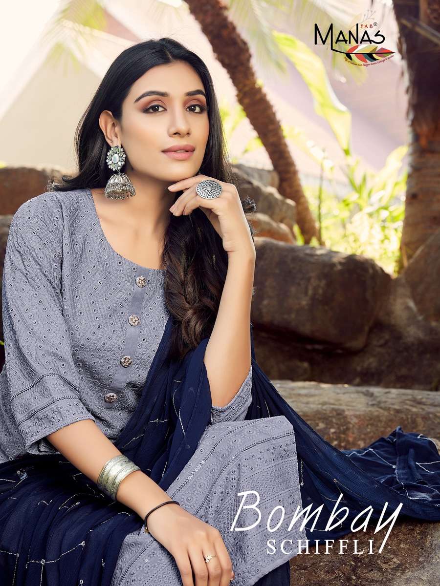 BOMBAY SCHIFFLI BY MANAS FAB 1001 TO 1006 SERIES BEAUTIFUL SUITS COLORFUL STYLISH FANCY CASUAL WEAR & ETHNIC WEAR HEAVY CHINNON DRESSES AT WHOLESALE PRICE