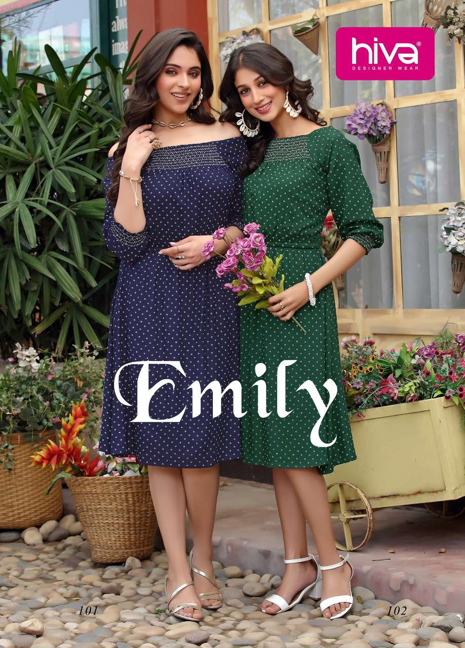 EMILY BY HIVA 101 TO 106 SERIES DESIGNER STYLISH FANCY COLORFUL BEAUTIFUL PARTY WEAR & ETHNIC WEAR COLLECTION RAYON PRINT KURTIS AT WHOLESALE PRICE