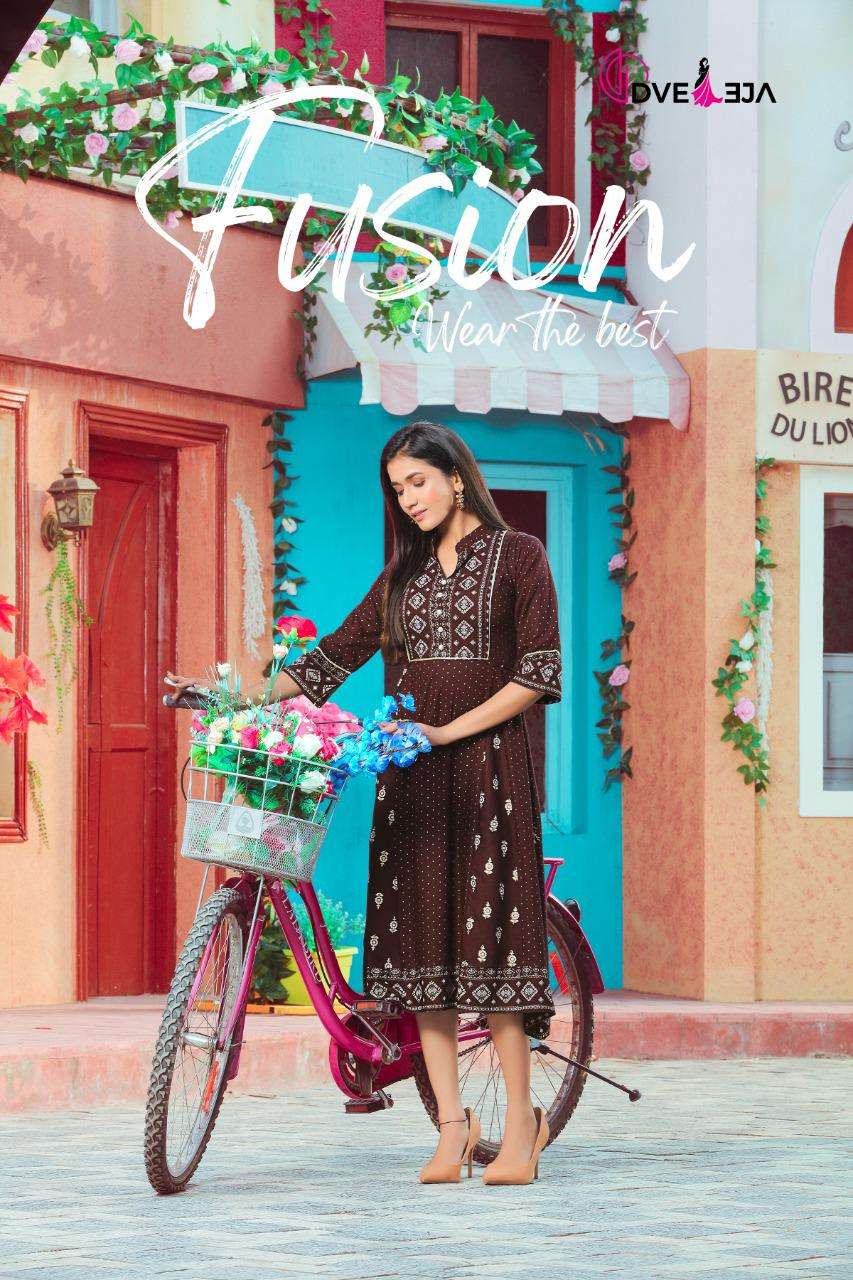 FUSION BY DVEEJA 101 TO 108 SERIES DESIGNER STYLISH FANCY COLORFUL BEAUTIFUL PARTY WEAR & ETHNIC WEAR COLLECTION HEAVY RAYON KURTIS AT WHOLESALE PRICE
