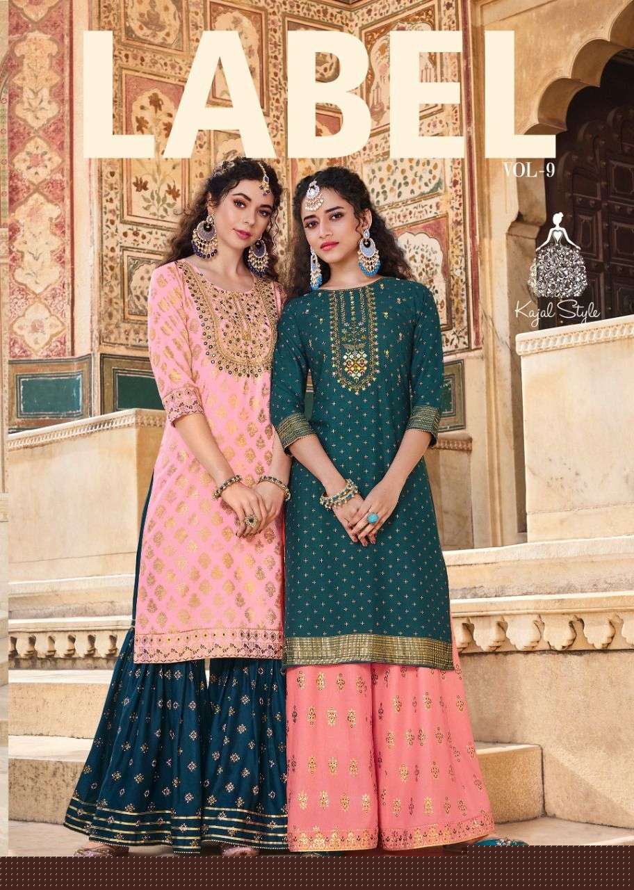 FASHION LABEL VOL-9 BY KAJAL STYLE 9001 TO 9006 SERIES BEAUTIFUL COLORFUL STYLISH FANCY PARTY WEAR & ETHNIC WEAR & READY TO WEAR HEAVY RAYON EMBROIDERED KURTIS WITH BOTTOM AT WHOLESALE PRICE