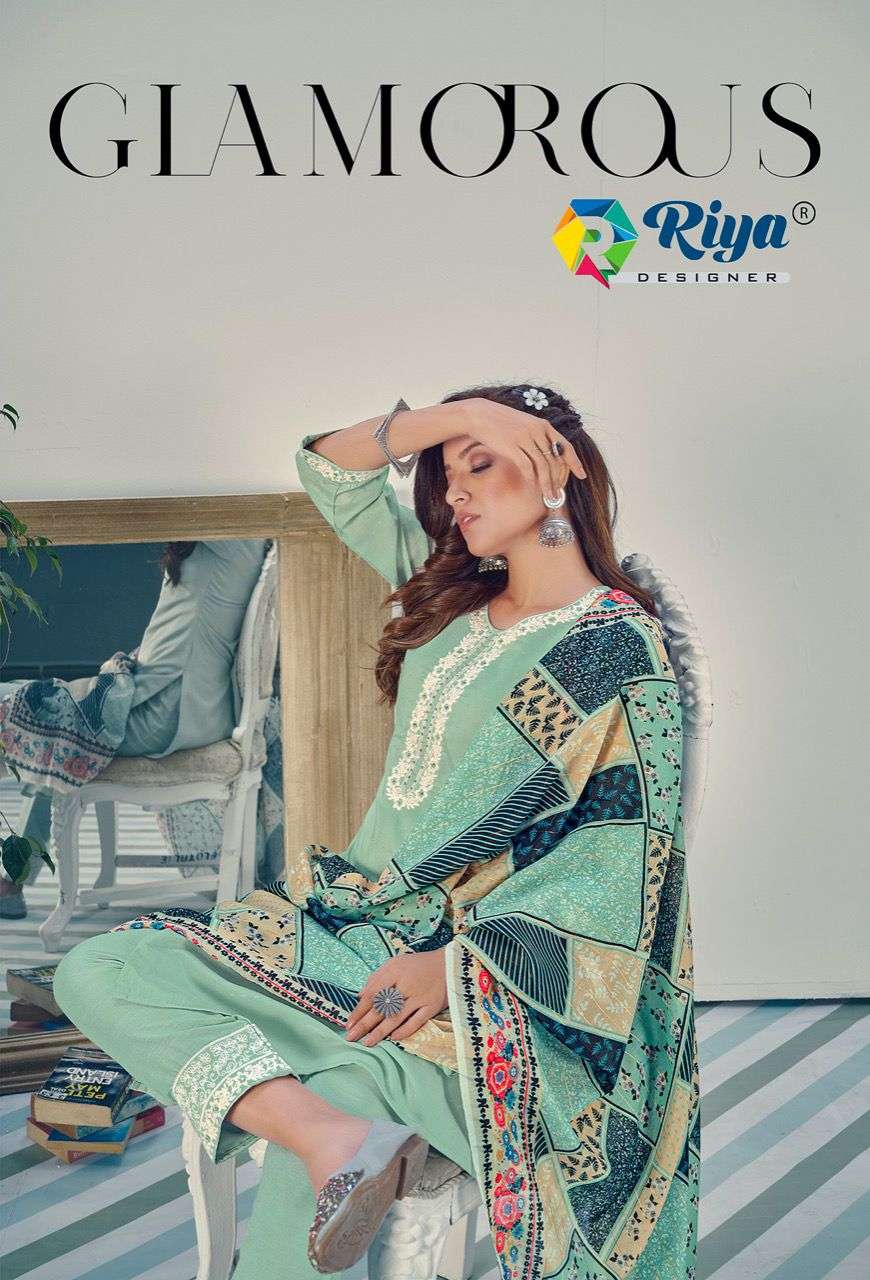 GLAMOROUS BY RIYA DESIGNER 1001 TO 1006 SERIES BEAUTIFUL SUITS COLORFUL STYLISH FANCY CASUAL WEAR & ETHNIC WEAR CHINNON WITH WORK DRESSES AT WHOLESALE PRICE