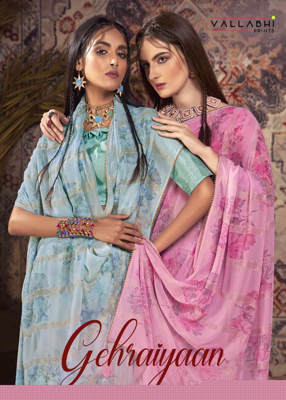 GEHRAIYAAN BY VALLABHI PRINTS 14951 TO 14958 SERIES INDIAN TRADITIONAL WEAR COLLECTION BEAUTIFUL STYLISH FANCY COLORFUL PARTY WEAR & OCCASIONAL WEAR GEORGETTE PRINT SAREES AT WHOLESALE PRICE