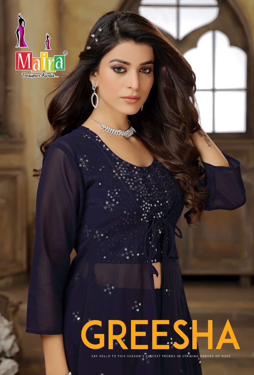 GREESHA BY MAIRA 1001 TO 1006 SERIES DESIGNER STYLISH FANCY COLORFUL BEAUTIFUL PARTY WEAR & ETHNIC WEAR COLLECTION HEAVY GEORGETTE TOPS WITH BOTTOM AT WHOLESALE PRICE