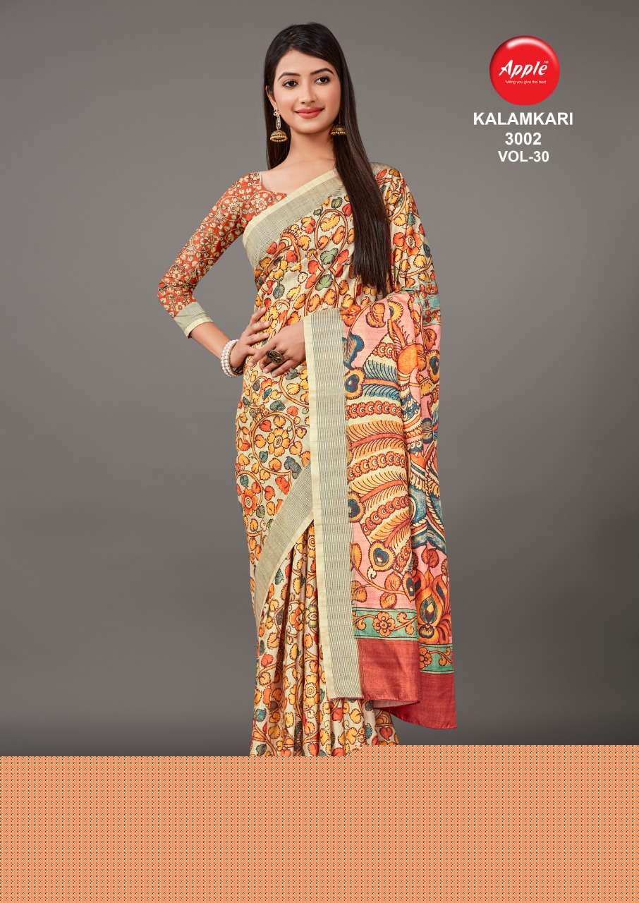 KALAMKARI VOL-30 BY APPLE 3001 TO 3008 SERIES INDIAN TRADITIONAL WEAR COLLECTION BEAUTIFUL STYLISH FANCY COLORFUL PARTY WEAR & OCCASIONAL WEAR MANIPURI SAREES AT WHOLESALE PRICE