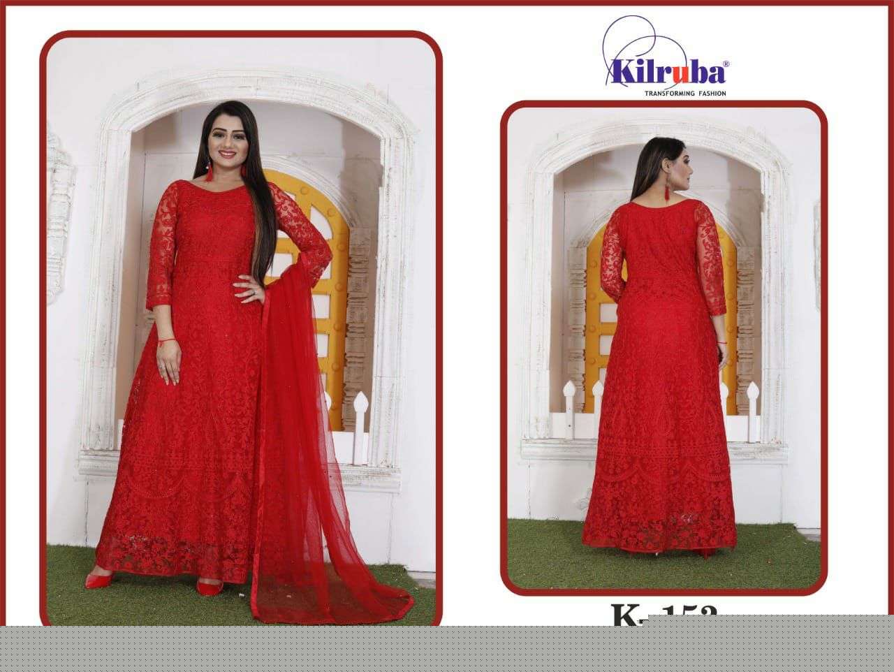 KILRUBA HIT DESIGN K-152 BY KILRUBA BEAUTIFUL STYLISH PAKISATNI SUITS FANCY COLORFUL CASUAL WEAR & ETHNIC WEAR & READY TO WEAR SUPER NET WITH EMBROIDERY DRESSES AT WHOLESALE PRICE