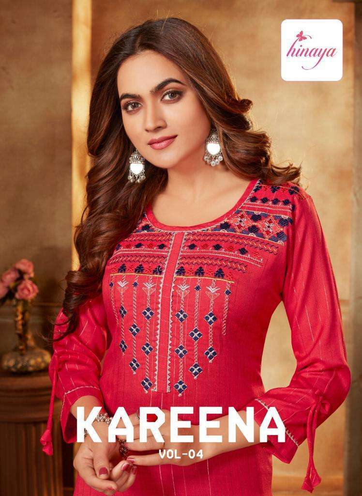 KAREENA VOL-4 BY HINAYA 4001 TO 4008 SERIES DESIGNER STYLISH FANCY COLORFUL BEAUTIFUL PARTY WEAR & ETHNIC WEAR COLLECTION RAYON EMBROIDERY KURTIS AT WHOLESALE PRICE