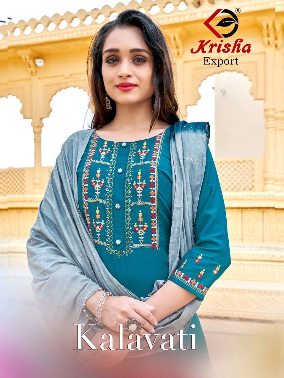 KALAVATI BY KRISHA EXPORTS 5001 TO 5005 SERIES BEAUTIFUL SUITS COLORFUL STYLISH FANCY CASUAL WEAR & ETHNIC WEAR CHINNON EMBROIDERED DRESSES AT WHOLESALE PRICE