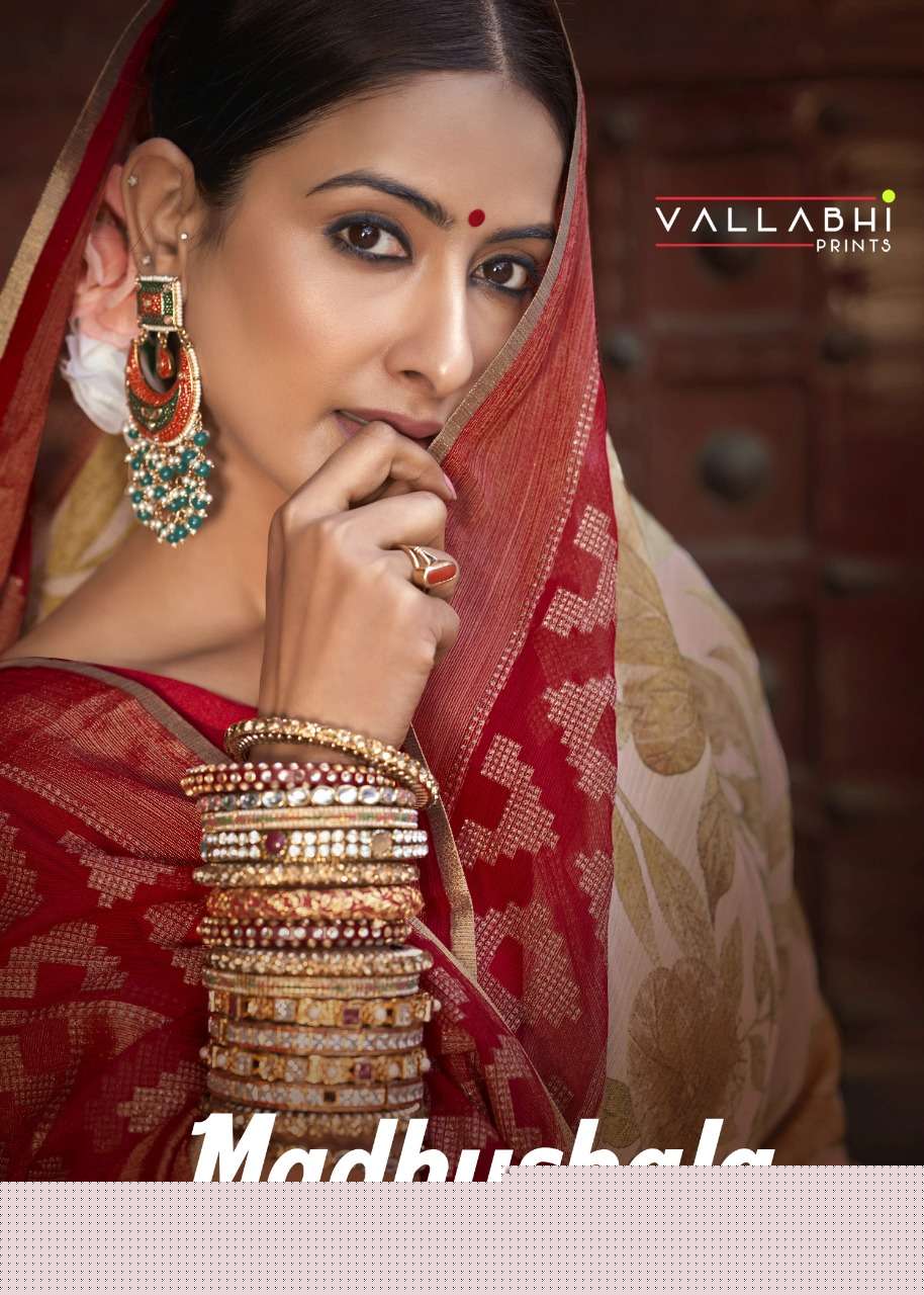 MADHUSHALA BY VALLABHI PRINTS 14761 TO 14768 SERIES INDIAN TRADITIONAL WEAR COLLECTION BEAUTIFUL STYLISH FANCY COLORFUL PARTY WEAR & OCCASIONAL WEAR BRASSO PRINT SAREES AT WHOLESALE PRICE