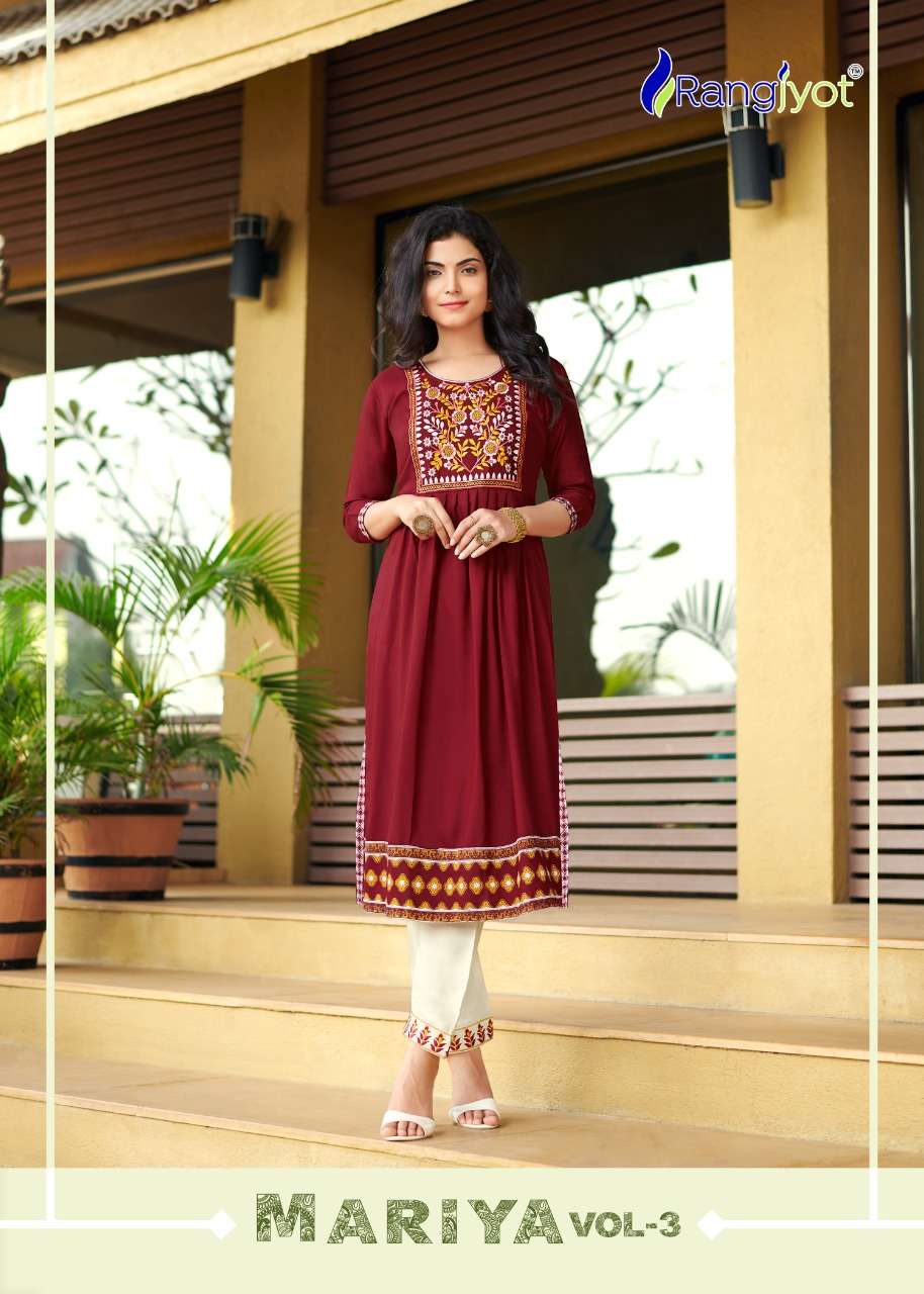 MARIYA VOL-3 BY RANGJYOT FASHION 2017 TO 2024 SERIES DESIGNER STYLISH FANCY COLORFUL BEAUTIFUL PARTY WEAR & ETHNIC WEAR COLLECTION HEAVY RAYON KURTIS WITH BOTTOM AT WHOLESALE PRICE