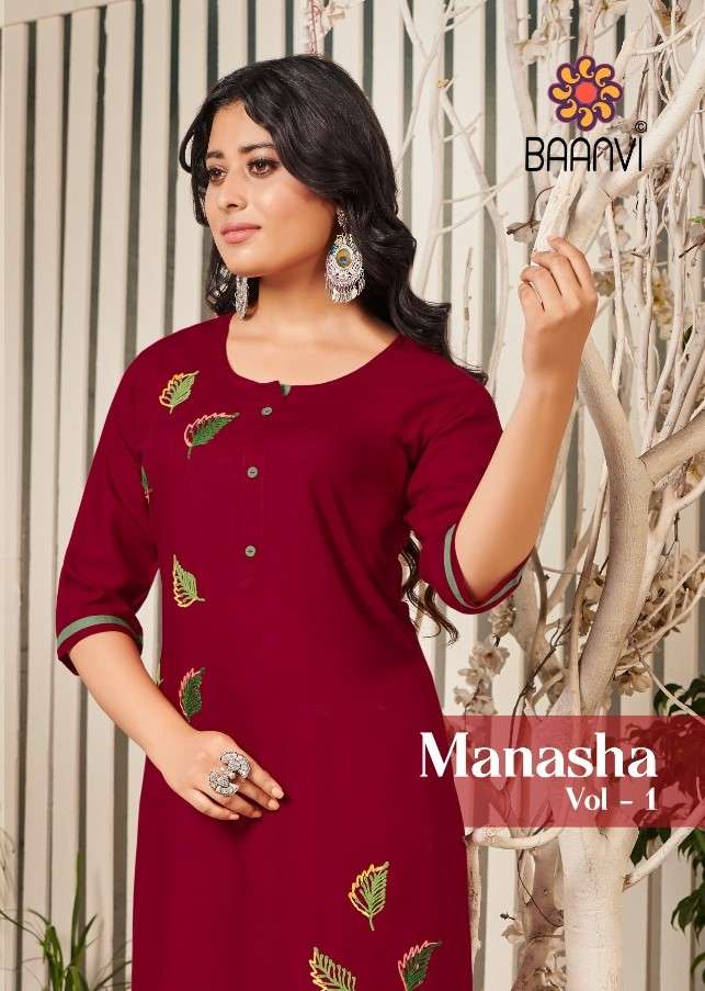 MANASHA VOL-1 BY BAANVI 101 TO 108 SERIES DESIGNER STYLISH FANCY COLORFUL BEAUTIFUL PARTY WEAR & ETHNIC WEAR COLLECTION RAYON EMBROIDERY KURTIS AT WHOLESALE PRICE