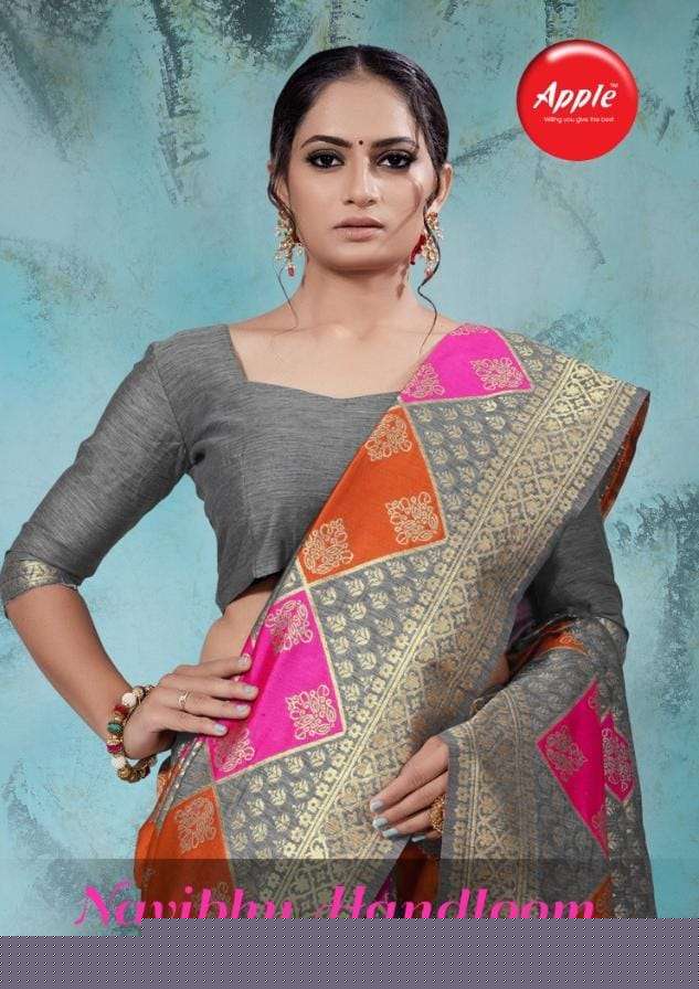NAVIBHU VOL-5 BY APPLE 5001 TO 5009 SERIES INDIAN TRADITIONAL WEAR COLLECTION BEAUTIFUL STYLISH FANCY COLORFUL PARTY WEAR & OCCASIONAL WEAR HANDLOOM SILK SAREES AT WHOLESALE PRICE