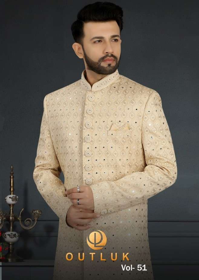 OUTLUK VOL-51 BY FASHID WHOLESALE 51001 TO 51010 SERIES BEAUTIFUL COLORFUL STYLISH FANCY CASUAL WEAR & ETHNIC WEAR & READY TO WEAR JACQUARD SILK SHERWANI WITH PAJAMAS AT WHOLESALE PRICE