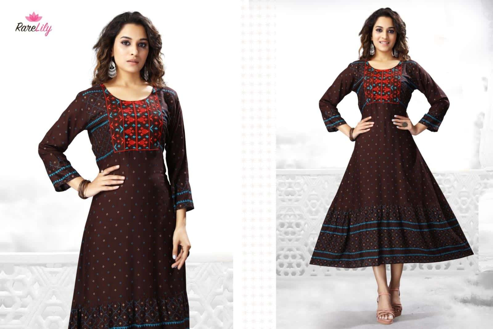 PRISHA BY RARE LILY 303 TO 309 SERIES DESIGNER STYLISH FANCY COLORFUL BEAUTIFUL PARTY WEAR & ETHNIC WEAR COLLECTION RAYON PRINT KURTIS AT WHOLESALE PRICE