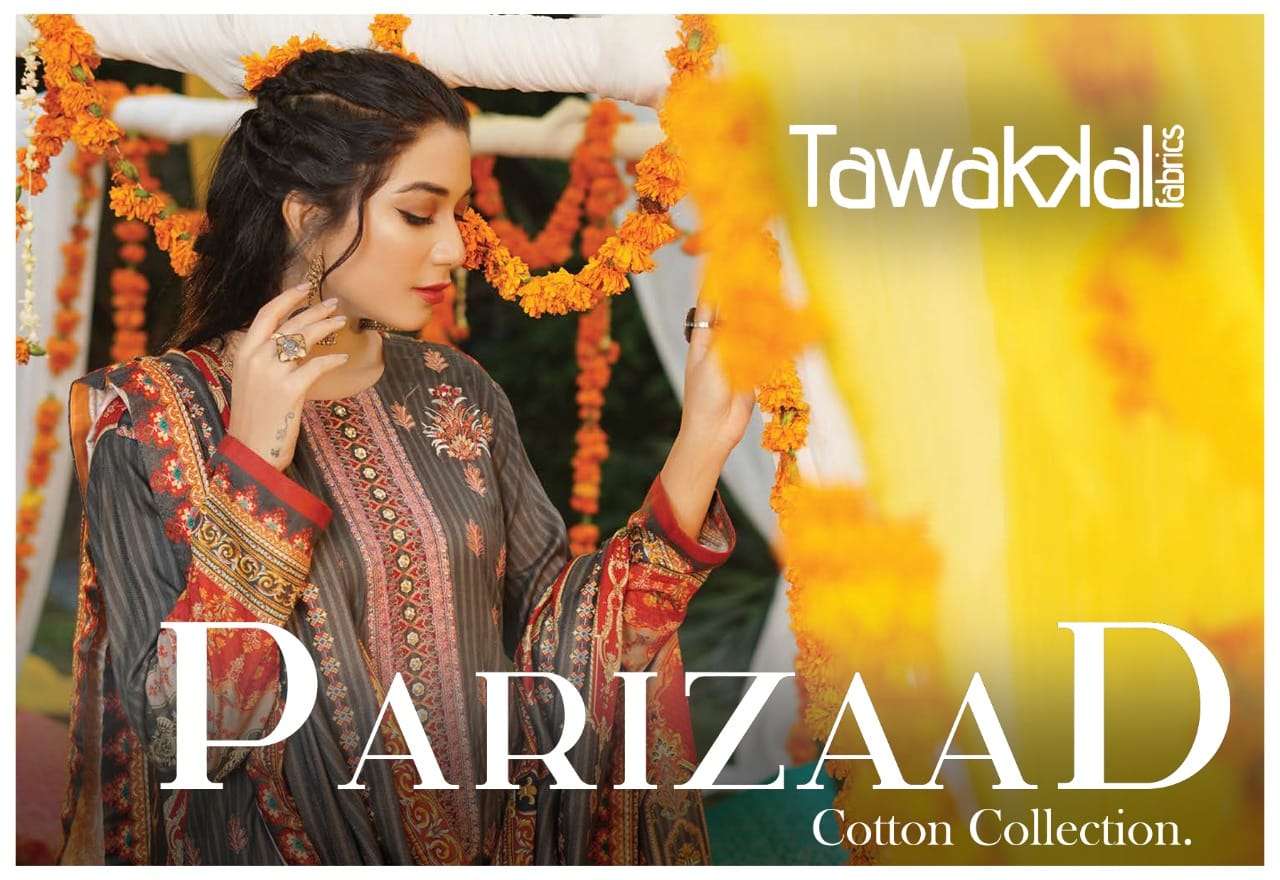 PARIZAAD BY TAWAKKAL FAB 1001 TO 1010 SERIES INDIAN TRADITIONAL WEAR COLLECTION BEAUTIFUL STYLISH FANCY COLORFUL PARTY WEAR & OCCASIONAL WEAR PURE COTTON PRINT DRESSES AT WHOLESALE PRICE