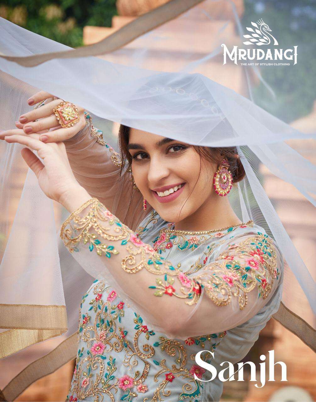 Sanjh By Mrudangi 2019 To 2024 Series Beautiful Stylish Anarkali Suits Fancy Colorful Casual Wear & Ethnic Wear & Ready To Wear Heavy Butterfly Net Embroidered Dresses At Wholesale Price
