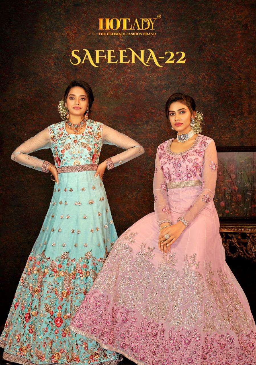 Safeena-22 By Hot Lady 7791 To 7796 Series Designer Anarklali Suits Collection Beautiful Stylish Fancy Colorful Party Wear & Occasional Wear Butterfly Net Embroidered Dresses At Wholesale Price