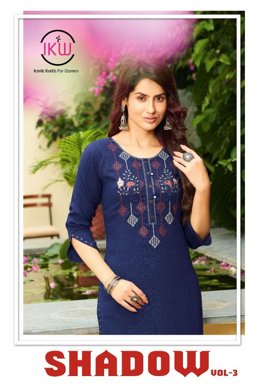 SHADOW VOL-3 BY IKW 001 TO 008 SERIES STYLISH FANCY BEAUTIFUL COLORFUL CASUAL WEAR & ETHNIC WEAR RAYON WEAVED KURTIS AT WHOLESALE PRICE