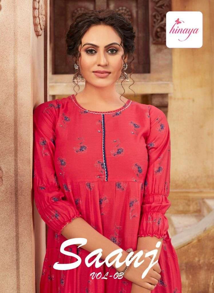 SAANJ VOL-3 BY HINAYA 11001 TO 11005 SERIES DESIGNER STYLISH FANCY COLORFUL BEAUTIFUL PARTY WEAR & ETHNIC WEAR COLLECTION RAYON SLUB KURTIS AT WHOLESALE PRICE