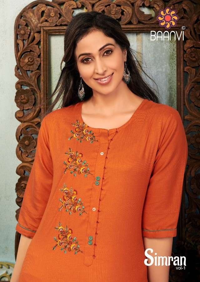 SIMRAN VOL-1 BY BAANVI 101 TO 104 SERIES DESIGNER STYLISH FANCY COLORFUL BEAUTIFUL PARTY WEAR & ETHNIC WEAR COLLECTION NAMO SLUB EMBROIDERY KURTIS AT WHOLESALE PRICE