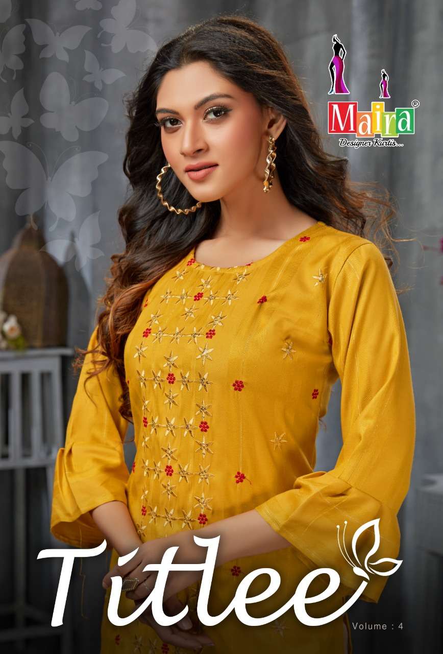 TITLEE VOL-4 BY MAIRA 4001 TO 4008 SERIES DESIGNER STYLISH FANCY COLORFUL BEAUTIFUL PARTY WEAR & ETHNIC WEAR COLLECTION HEAVY RAYON EMBROIDERY KURTIS AT WHOLESALE PRICE
