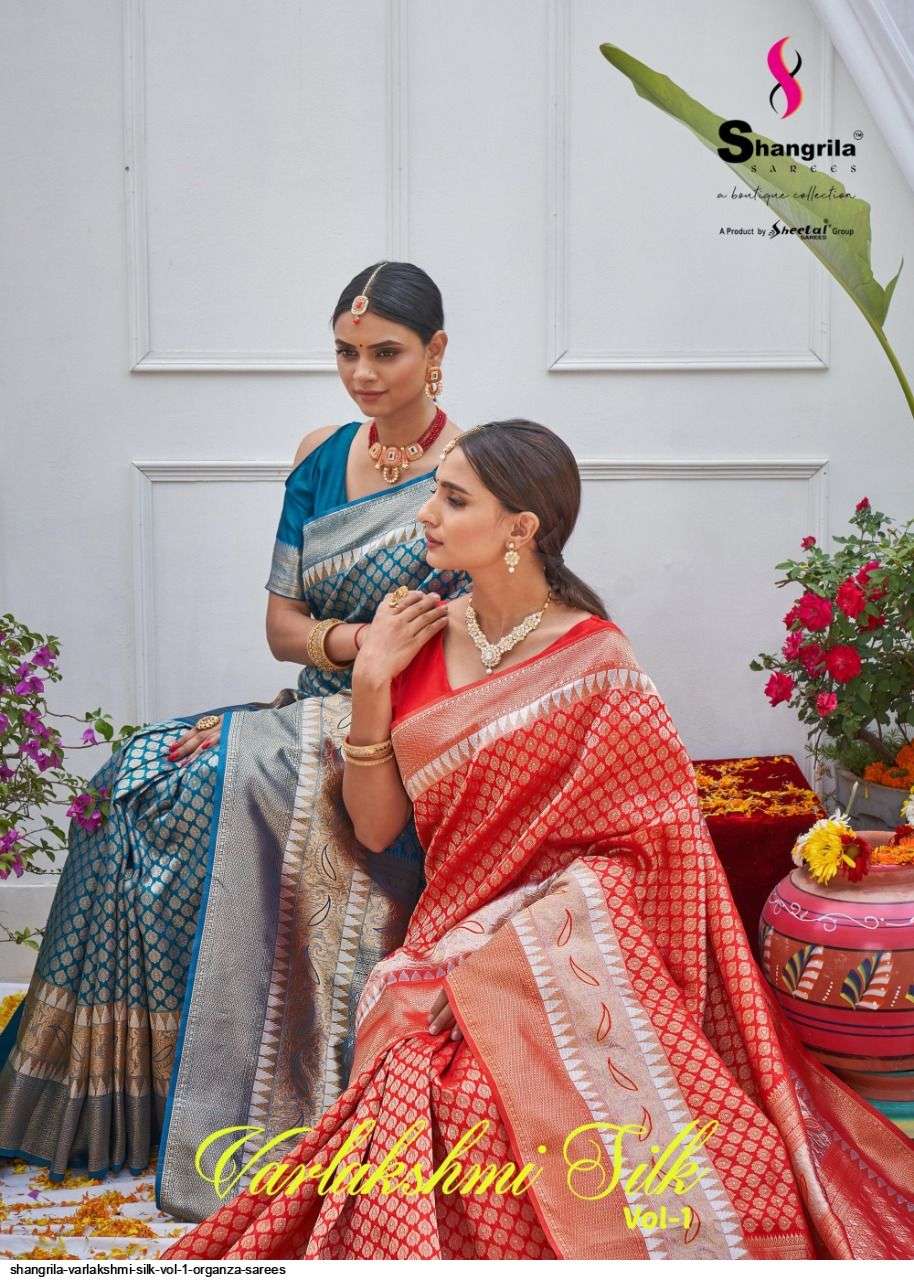 VARLAKSHMI SILK BY SHANGRILA A TO F SERIES INDIAN TRADITIONAL WEAR COLLECTION BEAUTIFUL STYLISH FANCY COLORFUL PARTY WEAR & OCCASIONAL WEAR SOFT ORGANZA SAREES AT WHOLESALE PRICE