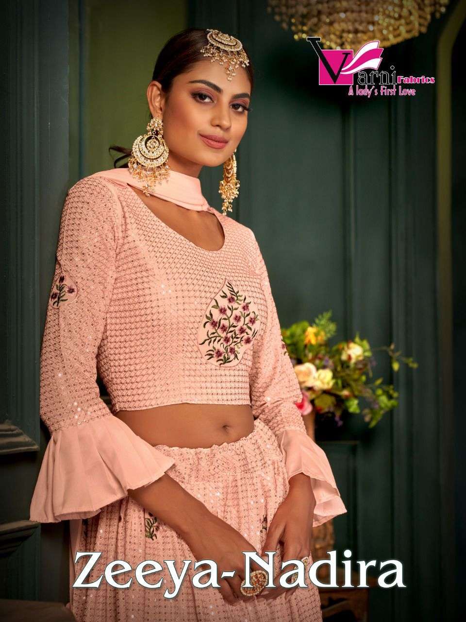 ZEEYA NADIRA BY VARNI FABRICS 6004 TO 6006 SERIES DESIGNER BEAUTIFUL NAVRATRI COLLECTION OCCASIONAL WEAR & PARTY WEAR CHINNON/HEAVY GEORGETTE LEHENGAS AT WHOLESALE PRICE