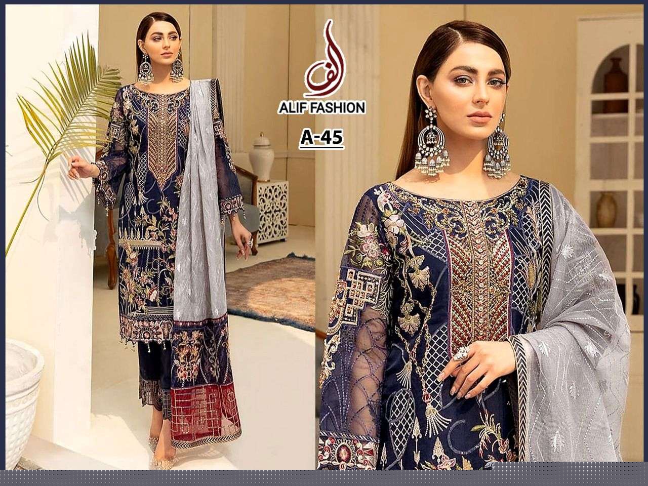 ALIF HIT DESIGN A-45 BY ALIF FASHION PAKISTANI SUITS BEAUTIFUL FANCY COLORFUL STYLISH PARTY WEAR & OCCASIONAL WEAR FAUX GEORGETTE EMBROIDERY DRESSES AT WHOLESALE PRICE