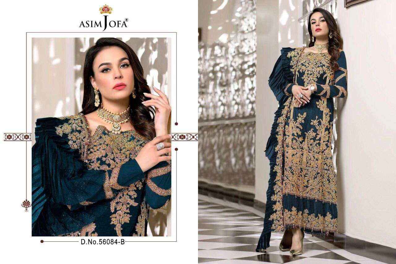 ASIM JOFA HIT DESIGN 56084 COLOURS BY ASIM JOFA 56084-A TO 56084-D SERIES BEAUTIFUL SUITS STYLISH COLORFUL FANCY CASUAL WEAR & ETHNIC WEAR GEORGETTE EMBROIDERED DRESSES AT WHOLESALE PRICE