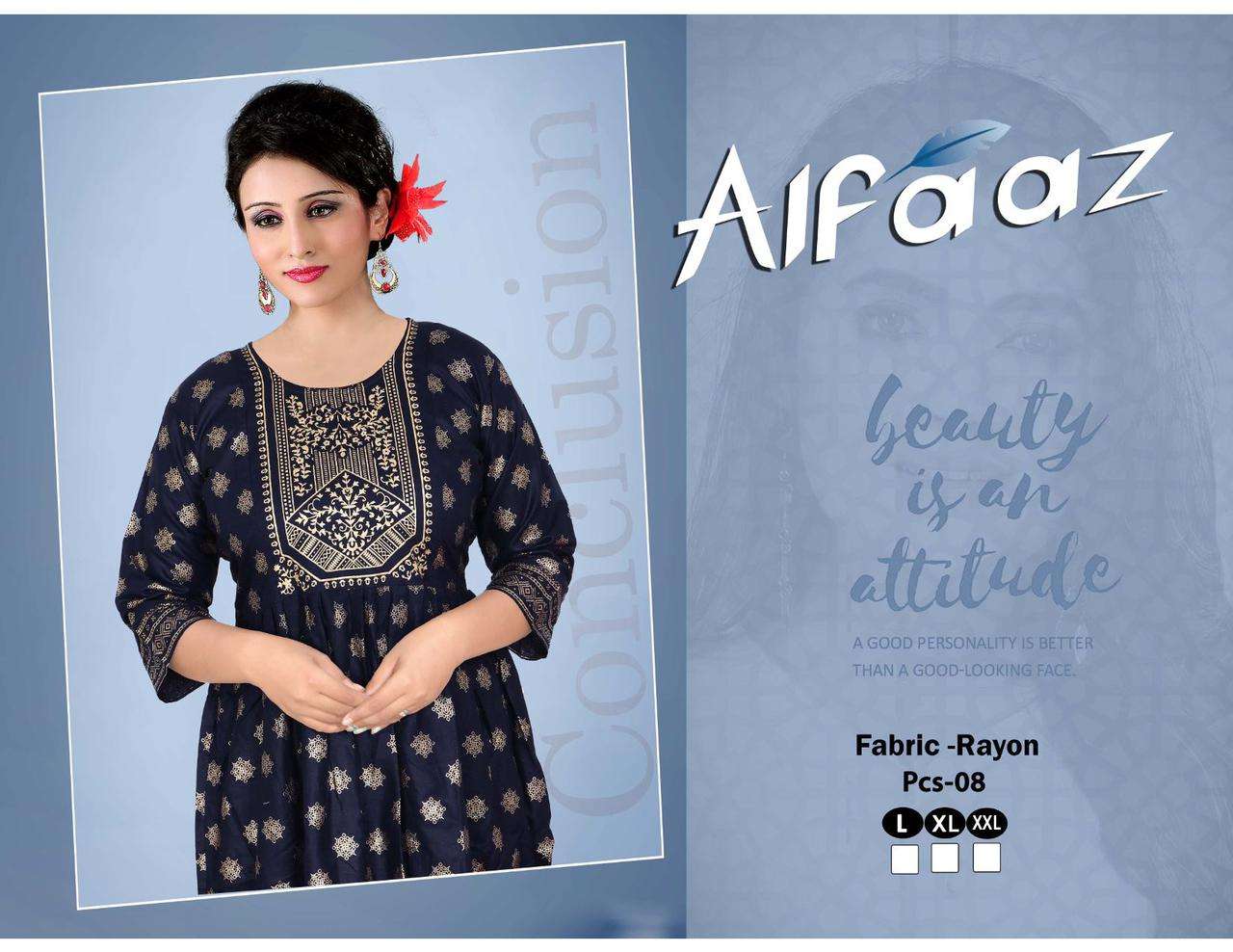 ALFAAZ BY TRENDY 101 TO 108 SERIES DESIGNER STYLISH FANCY COLORFUL BEAUTIFUL PARTY WEAR & ETHNIC WEAR COLLECTION RAYON FOIL KURTIS AT WHOLESALE PRICE