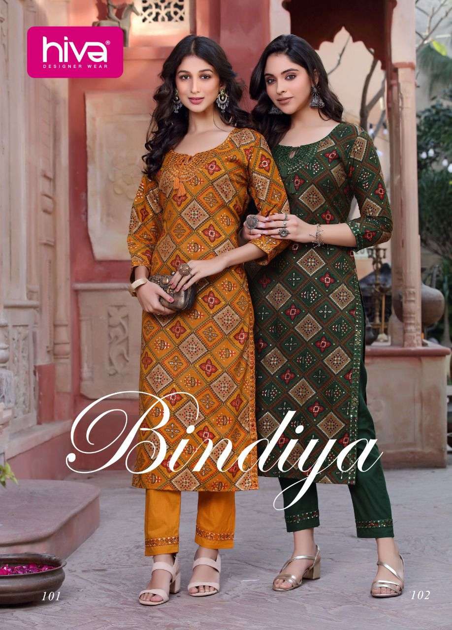 BINDIYA BY HIVA 101 TO 106 SERIES DESIGNER STYLISH FANCY COLORFUL BEAUTIFUL PARTY WEAR & ETHNIC WEAR COLLECTION RAYON PRINT KURTIS WITH BOTTOM AT WHOLESALE PRICE