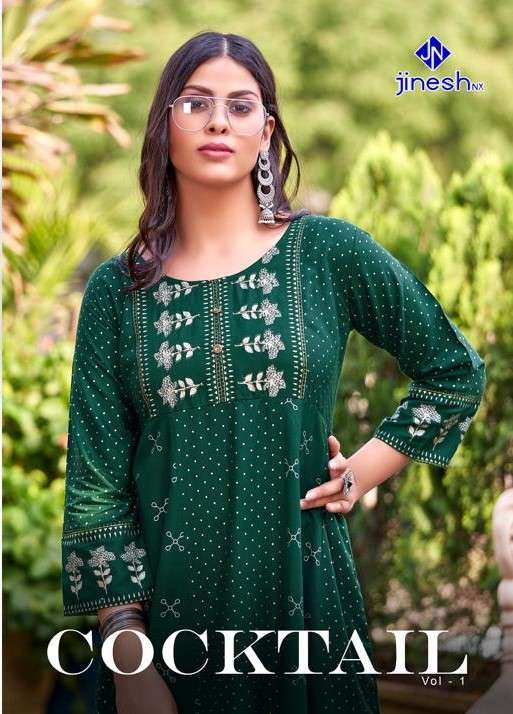 COCKTAIL VOL-1 BY JINESH NX 1001 TO 1007 SERIES BEAUTIFUL STYLISH FANCY COLORFUL CASUAL WEAR & ETHNIC WEAR RAYON FOIL PRINT GOWNS AT WHOLESALE PRICE