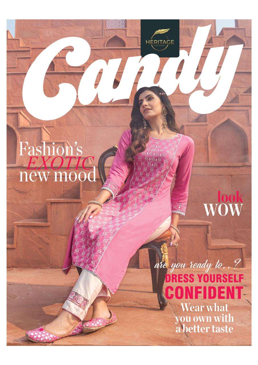 CANDY BY HERITAGE 101 TO 106 SERIES DESIGNER STYLISH FANCY COLORFUL BEAUTIFUL PARTY WEAR & ETHNIC WEAR COLLECTION RAYON EMBROIDERED KURTIS WITH BOTTOM AT WHOLESALE PRICE