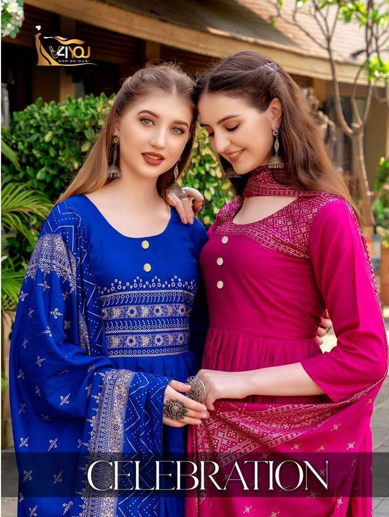 CELEBRATION BY V4YOU 1001 TO 1005 SERIES DESIGNER STYLISH FANCY COLORFUL BEAUTIFUL PARTY WEAR & ETHNIC WEAR COLLECTION RAYON PRINT KURTIS WITH DUPATTA AT WHOLESALE PRICE
