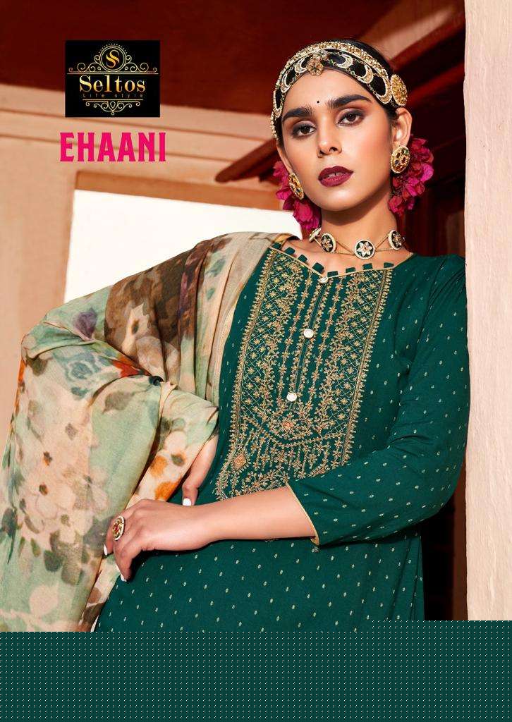 EHAANI BY SELTOS 34001 TO 34006 SERIES BEAUTIFUL SUITS COLORFUL STYLISH FANCY CASUAL WEAR & ETHNIC WEAR VISCOSE RAYON SILK DRESSES AT WHOLESALE PRICE