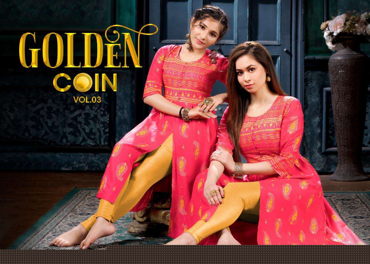 GOLDEN COIN VOL-3 BY BEAUTY QUEEN 301 TO 308 SERIES DESIGNER STYLISH FANCY COLORFUL BEAUTIFUL PARTY WEAR & ETHNIC WEAR COLLECTION HEAVY RAYON GOLD PRINT KURTIS AT WHOLESALE PRICE