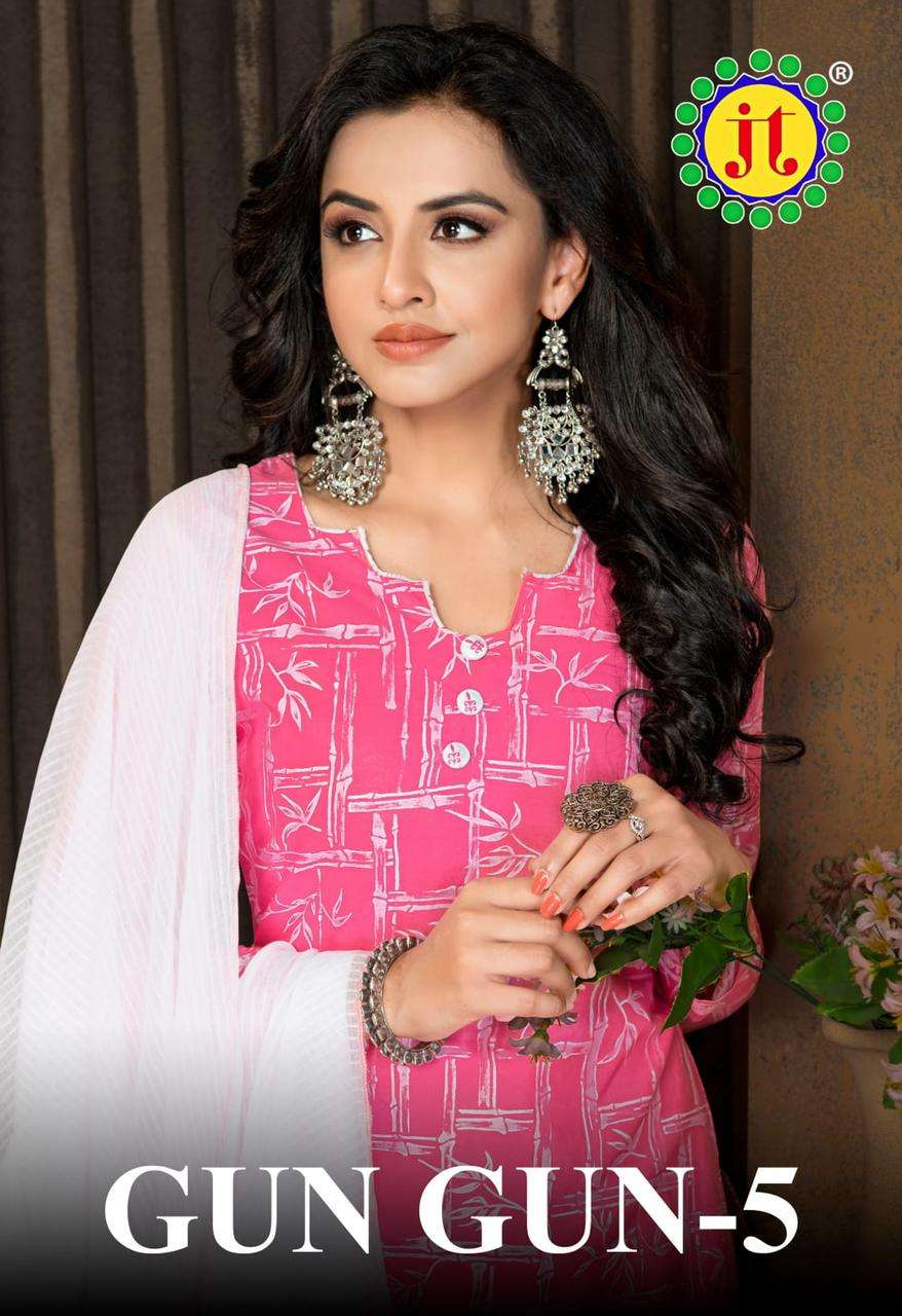 GUN GUN VOL-5 BY JT 5001 TO 5010 SERIES BEAUTIFUL STYLISH SUITS FANCY COLORFUL CASUAL WEAR & ETHNIC WEAR & READY TO WEAR COTTON PRINTED DRESSES AT WHOLESALE PRICE