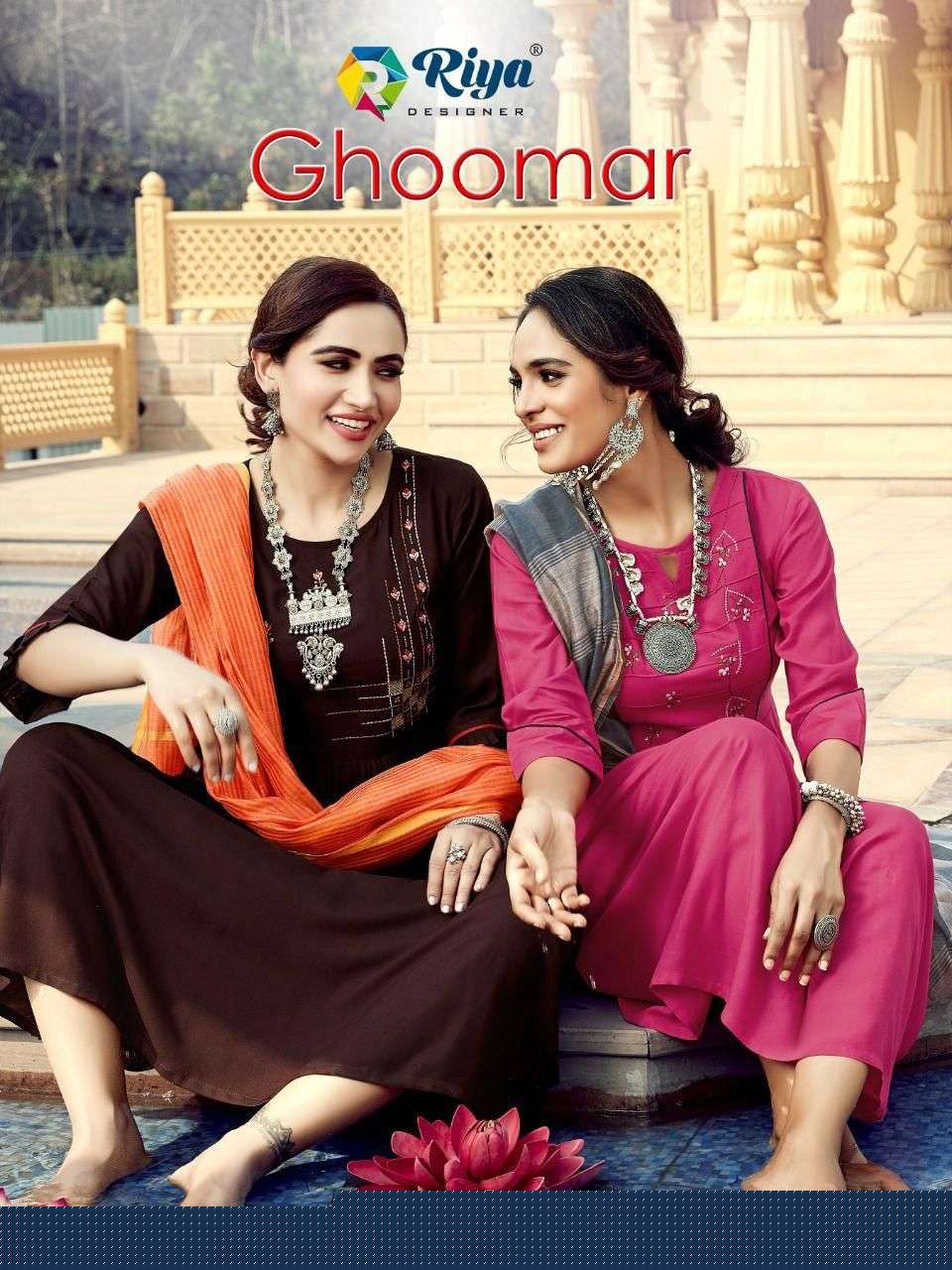 GHOOMAR BY RIYA DESIGNER 1001 TO 1005 SERIES BEAUTIFUL STYLISH FANCY COLORFUL CASUAL WEAR & ETHNIC WEAR RAYON GOWNS WITH DUPATTA AT WHOLESALE PRICE