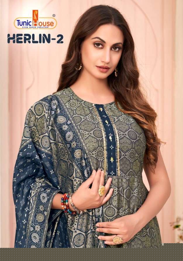 HERLIN VOL-2 BY TUNIC HOUSE 21001 TO 21006 SERIES BEAUTIFUL SHARARA SUITS COLORFUL STYLISH FANCY CASUAL WEAR & ETHNIC WEAR MUSLIN SILK DIGITAL PRINT DRESSES AT WHOLESALE PRICE
