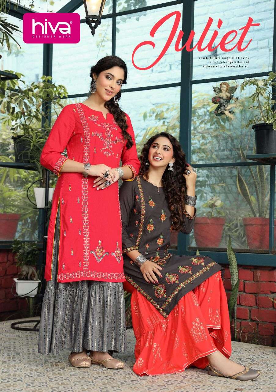 JULIET BY HIVA 101 TO 106 SERIES DESIGNER STYLISH FANCY COLORFUL BEAUTIFUL PARTY WEAR & ETHNIC WEAR COLLECTION RAYON KURTIS WITH BOTTOM AT WHOLESALE PRICE