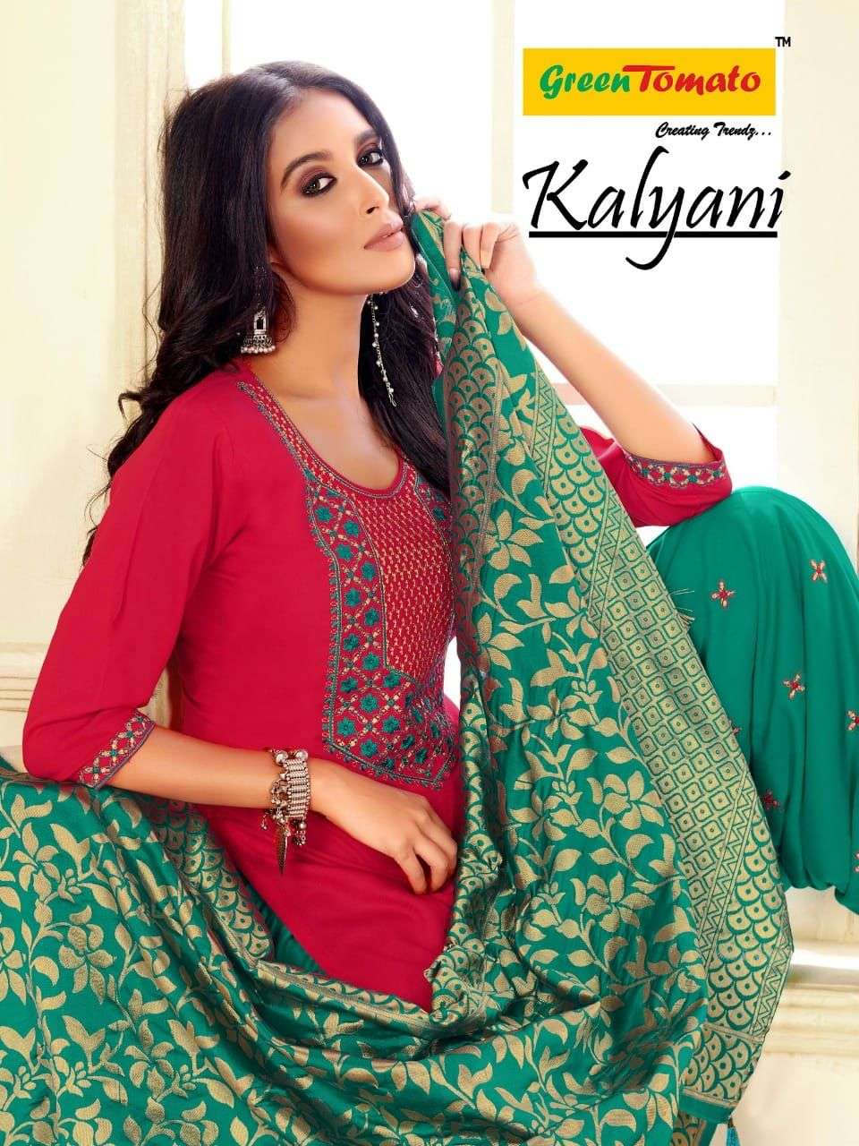 KALYANI BY GREEN TOMATO 001 TO 008 SERIES BEAUTIFUL PATIYALA SUITS COLORFUL STYLISH FANCY CASUAL WEAR & ETHNIC WEAR HEAVY RAYON EMBOIDERED DRESSES AT WHOLESALE PRICE